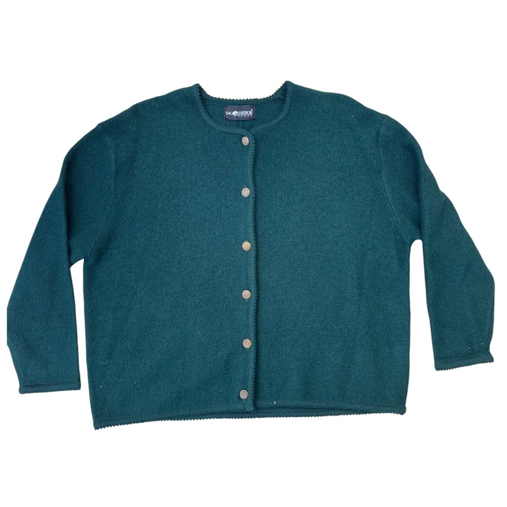 VTG Y2K Sag Harbor ForestGreen Cardigan Sweater XL Classic Gold Buttons grandma